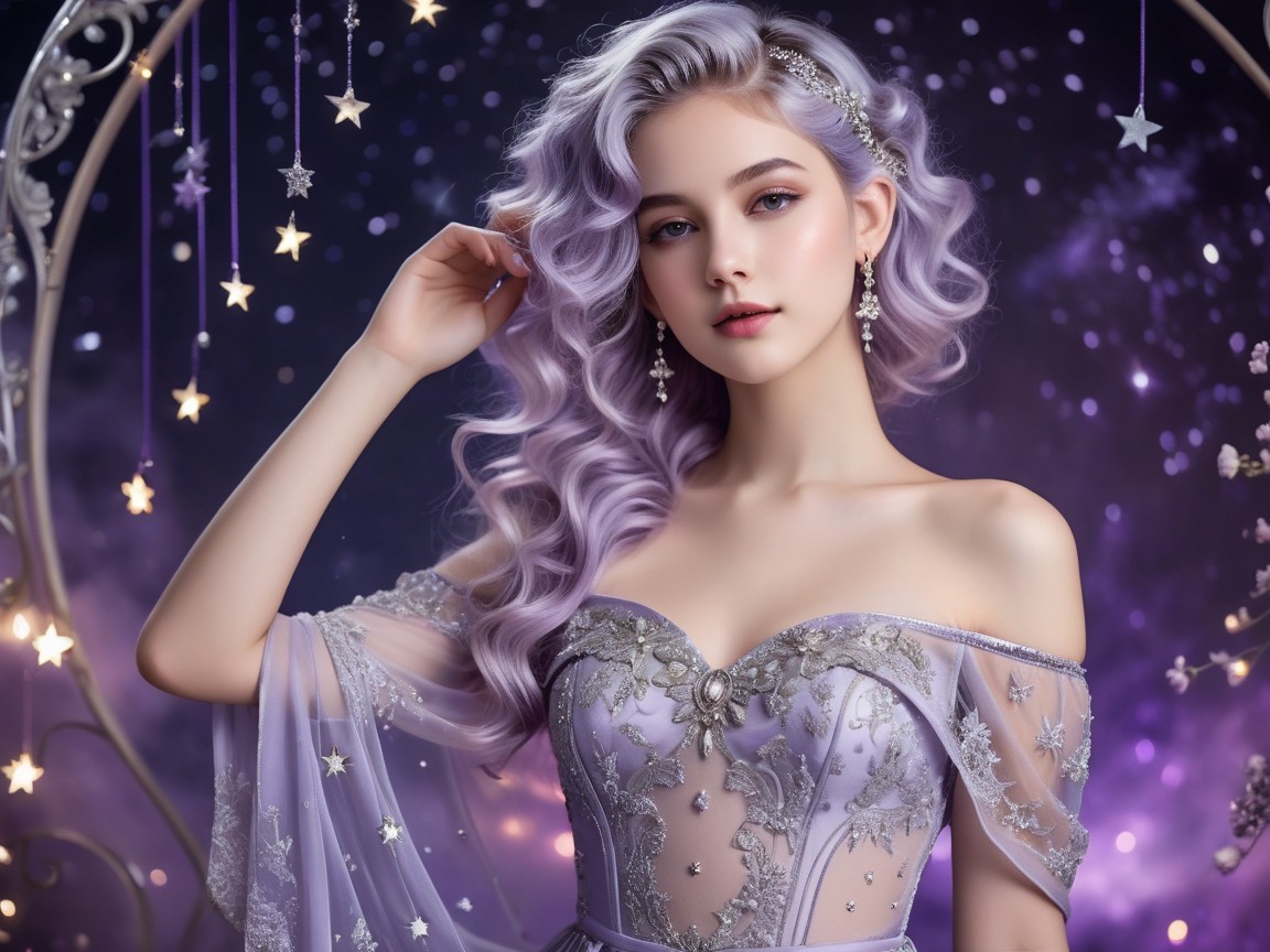 Elegant Young Woman in Lavender Gown Under Starry Sky