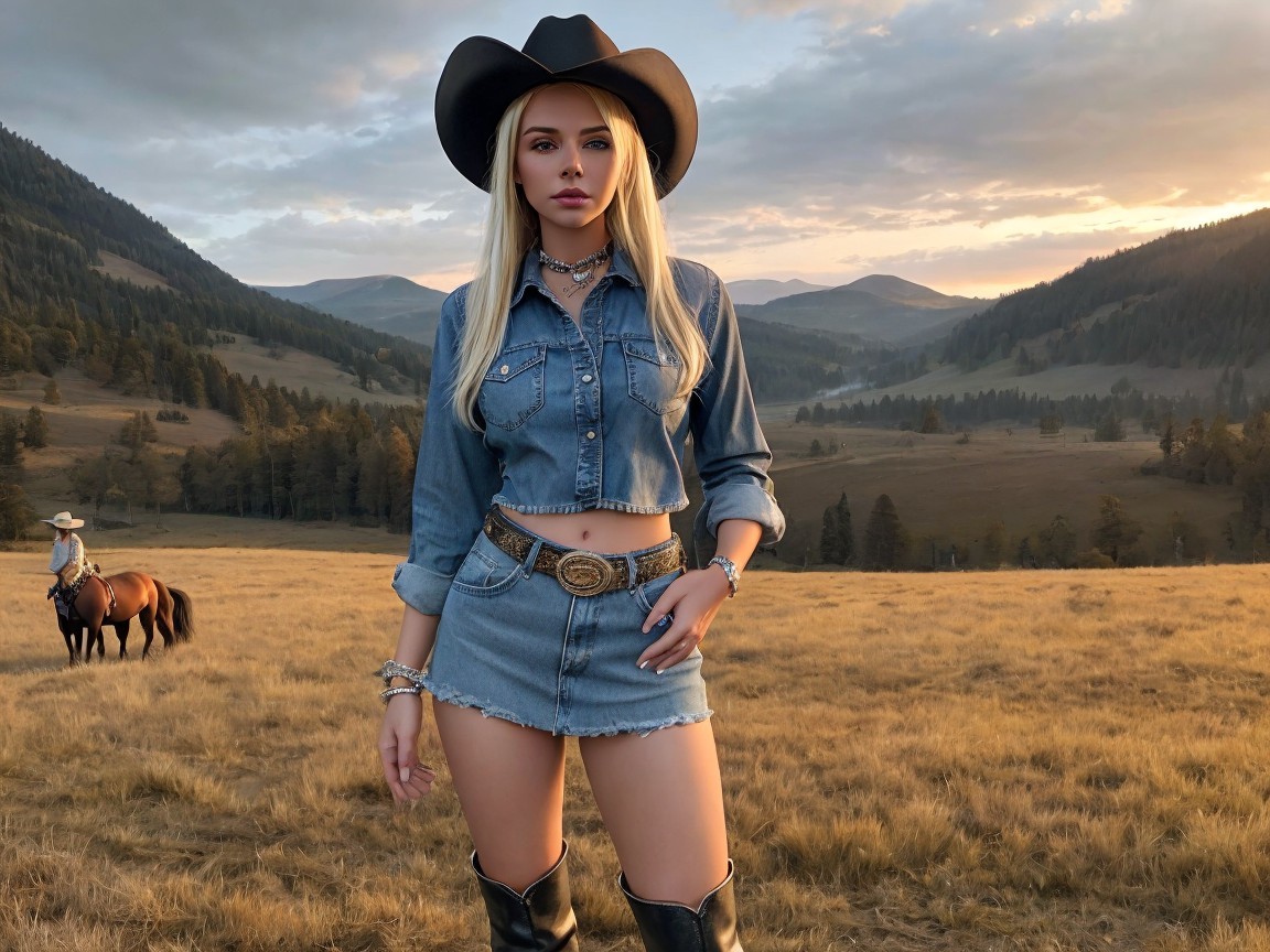 Woman in Denim Outfit Against Scenic Sunset Landscape