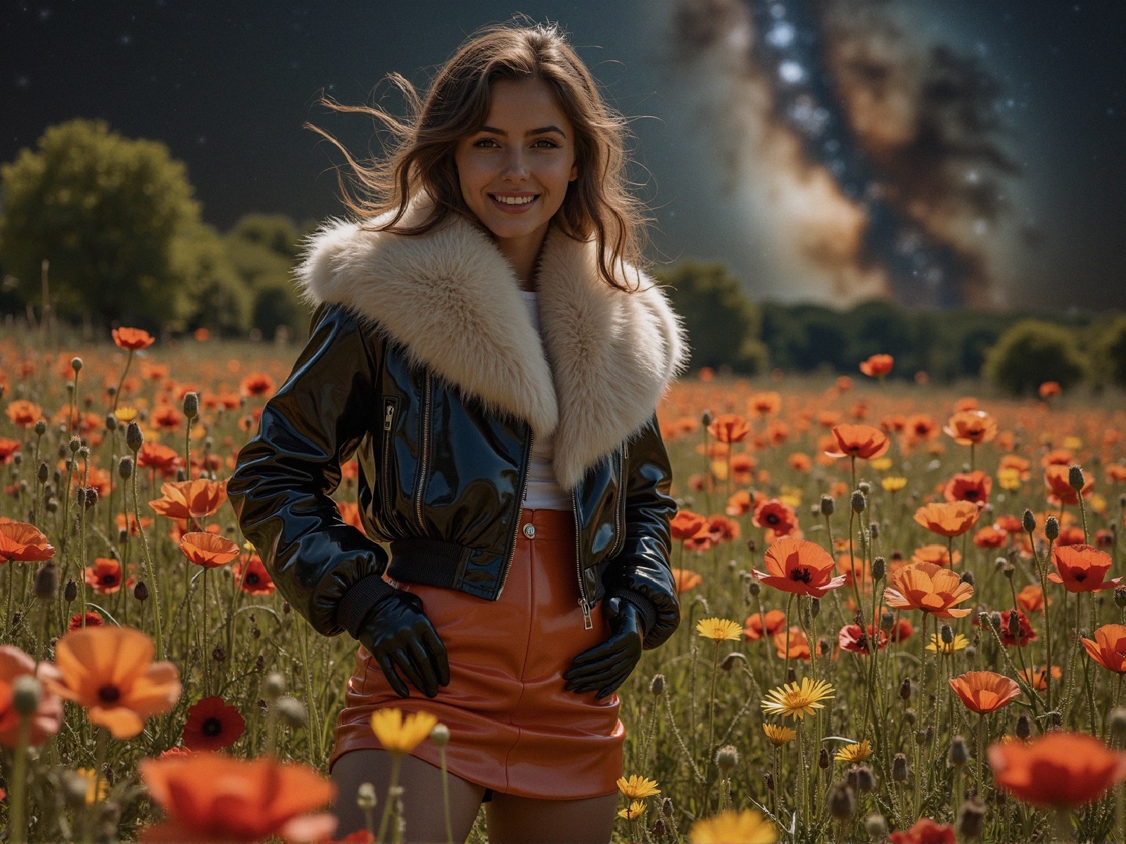 Young woman in vibrant flower field with cosmic backdrop