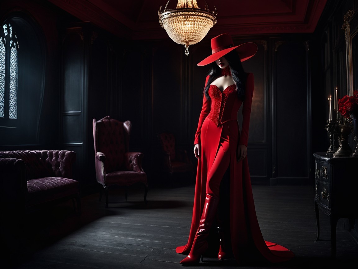 Opulent Room with Bold Red Ensemble and Chandelier