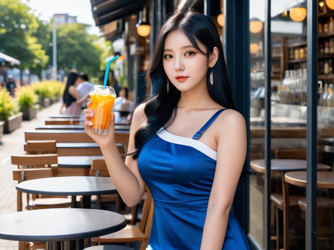 Young woman in blue dress at cafe with orange drink