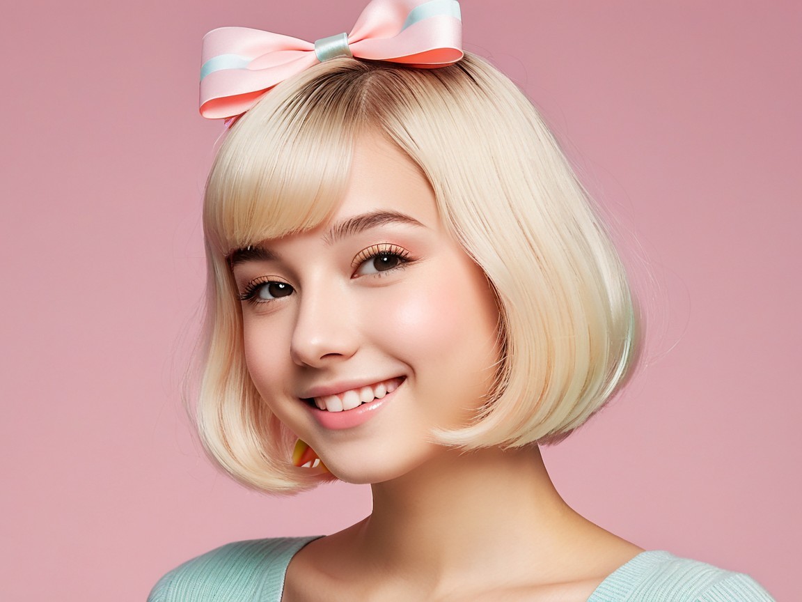Cheerful Young Woman Portrait with Pastel Bow