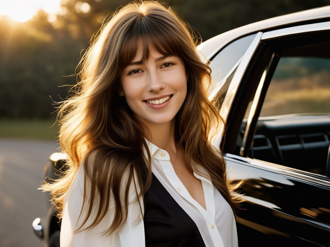Woman with Long Hair by Classic Car in Sunlight