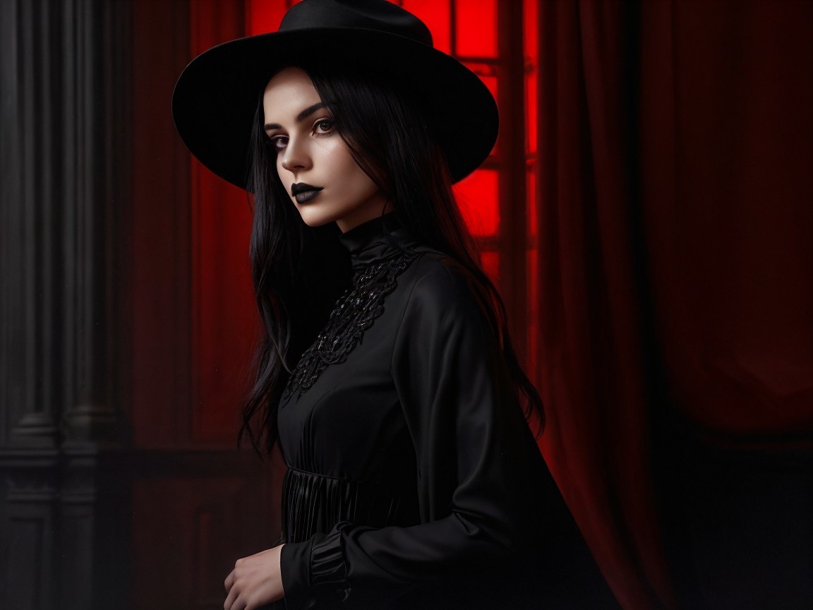 Elegant Woman in Dark Outfit with Gothic Backdrop