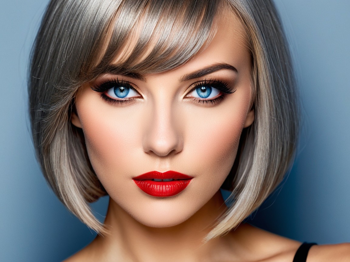 Portrait of a woman with silver bob hairstyle and blue eyes