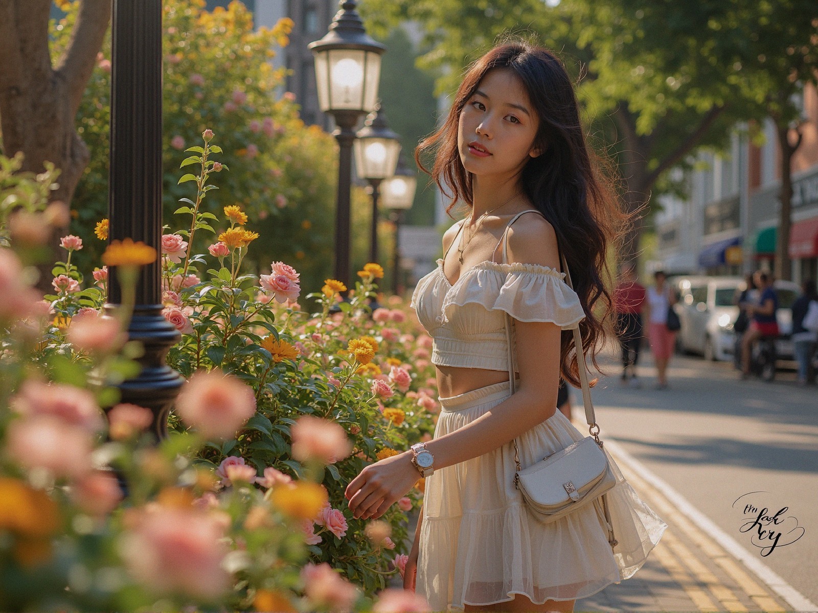 Young woman in off-the-shoulder dress among flowers