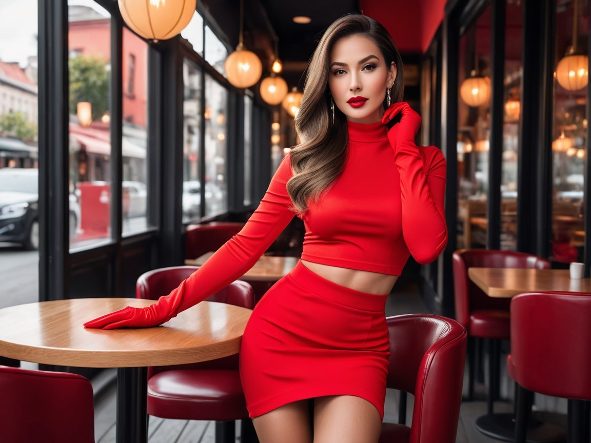 Young Woman in Red Outfit at Chic Café Setting