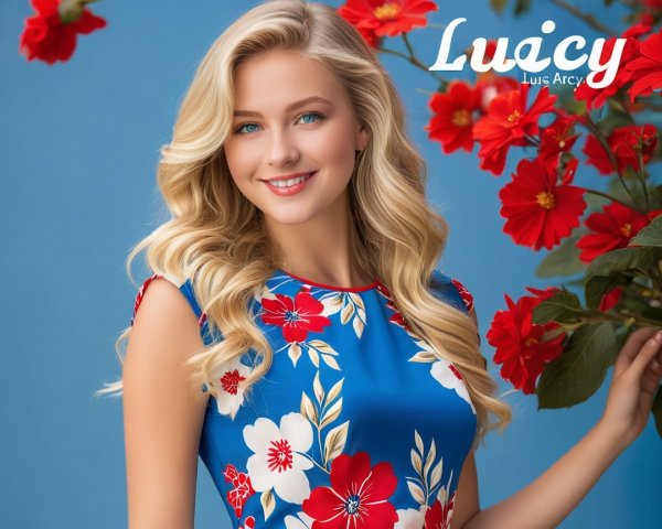 Young woman in blue dress with floral patterns