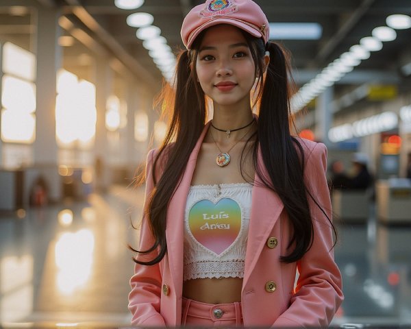 Young woman in pink suit with playful pigtails