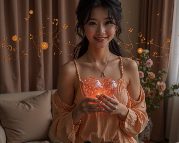 Young woman with glowing heart in cozy room setting