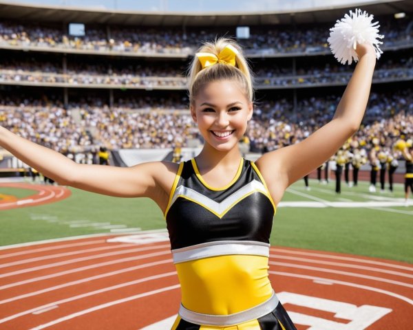 Cheerleader in Black and Yellow Uniform at Stadium
