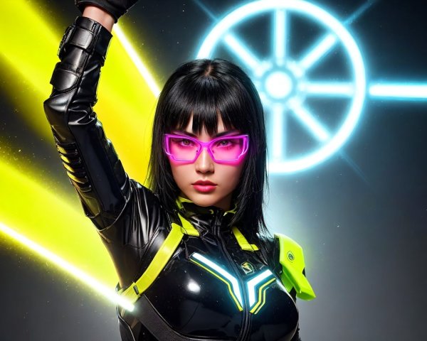 Fierce Female Figure in Futuristic Black Outfit