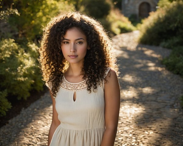 Young Woman in Elegant Dress on Sunlit Path