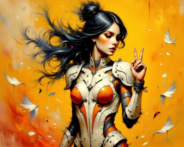 Futuristic female figure in armored suit with feathers