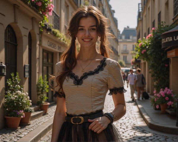 Young Woman in Stylish Outfit on European Street