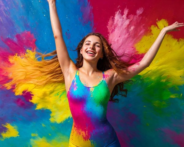 Joyful Young Woman Celebrating in Colorful Backdrop