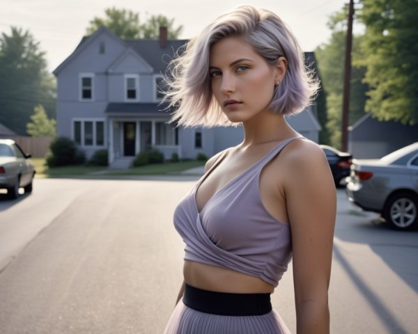 Young Woman in Lavender Outfit on Suburban Street