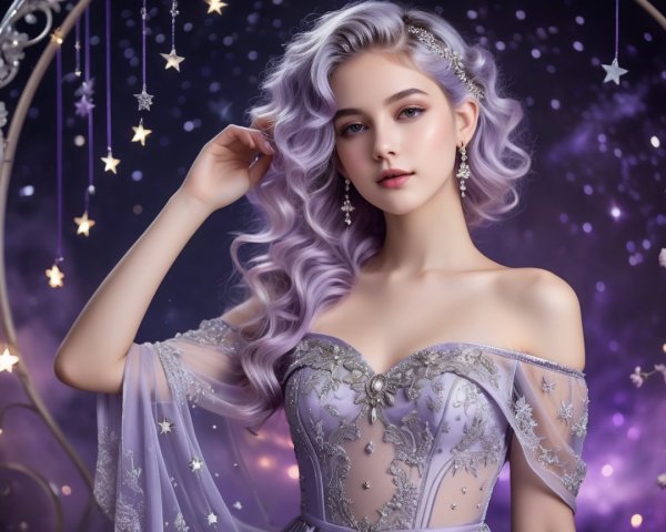 Elegant Young Woman in Lavender Gown Under Starry Sky