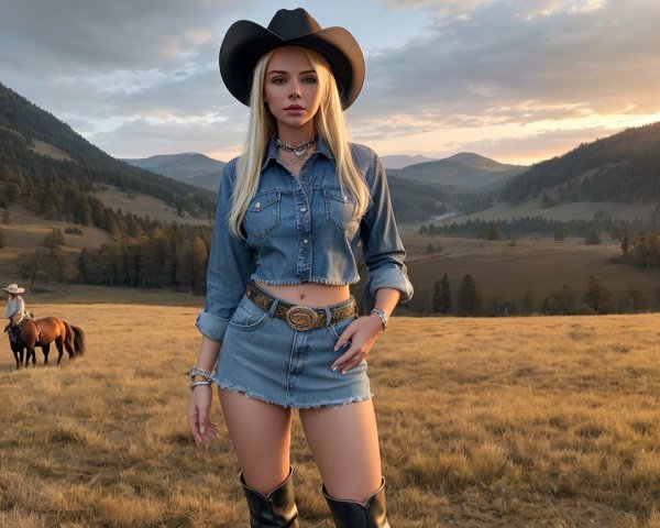 Woman in Denim Outfit Against Scenic Sunset Landscape