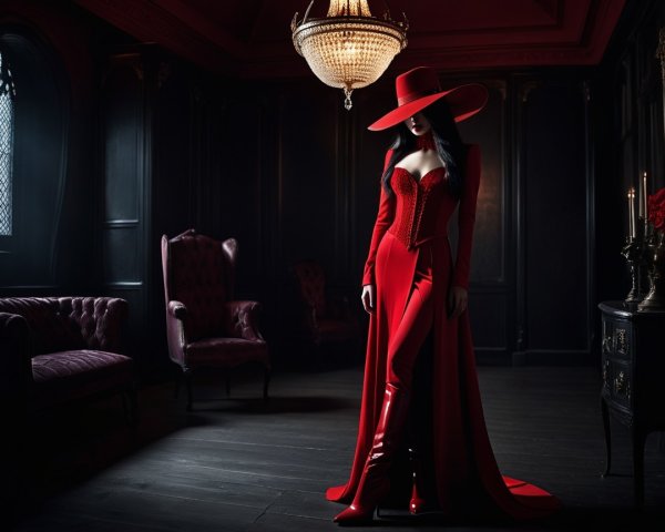 Opulent Room with Bold Red Ensemble and Chandelier