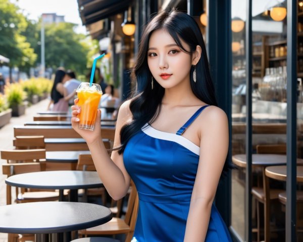 Young woman in blue dress at cafe with orange drink