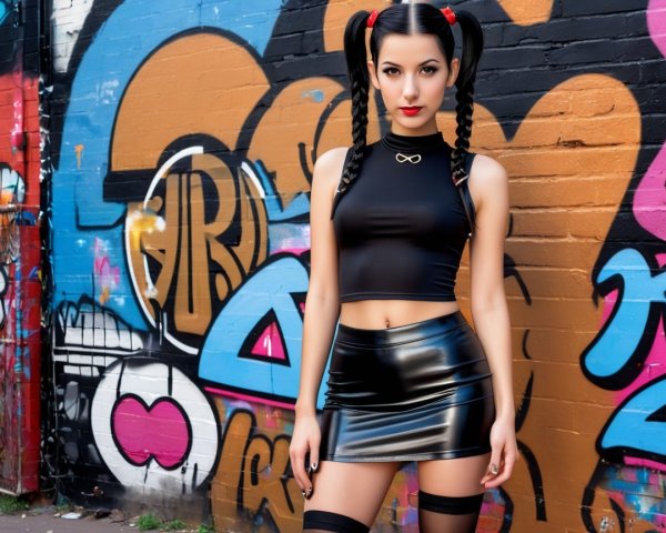 Young woman in stylish outfit against graffiti wall