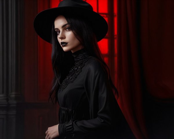 Elegant Woman in Dark Outfit with Gothic Backdrop