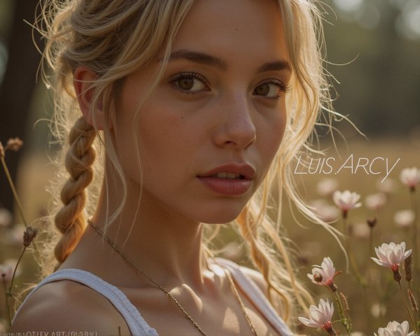Young Woman in Flower Field with Braided Hair