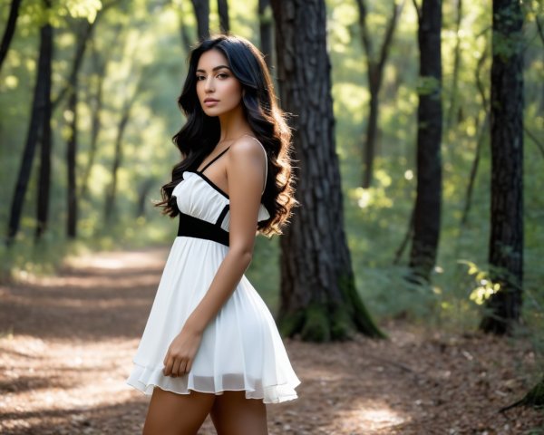 Young woman in white dress in sunlit forest setting