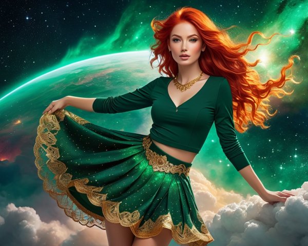 Woman with Red Hair in Cosmic Fantasy Scene