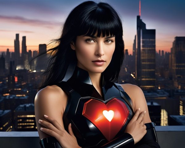 Superheroine in Futuristic Armor Overlooking City at Dusk