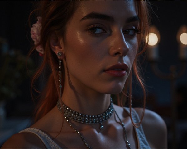 Close-Up of Woman with Elegant Jewelry and Flower Accent