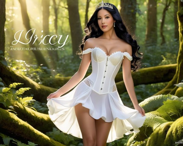 Elegant Woman in White Dress in Lush Forest Setting