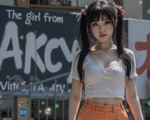 Young woman in stylish crop top and orange pants