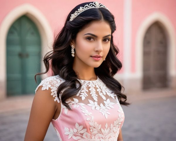 Young woman in pink dress with floral embroidery