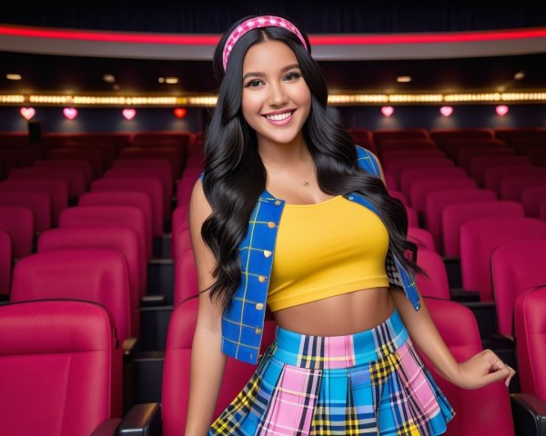 Cheerful woman in vibrant theater with colorful attire