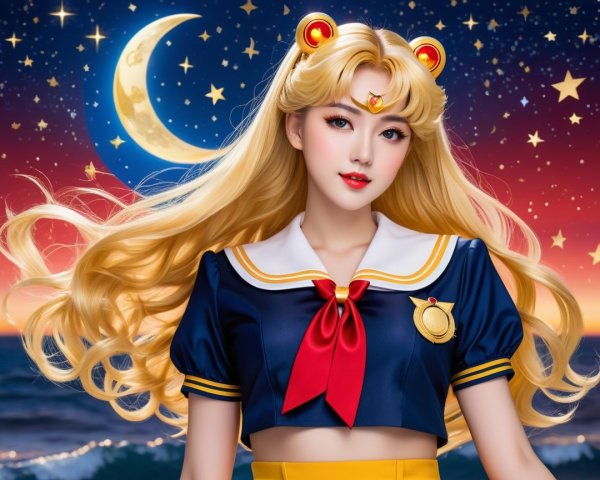 Magical girl character in a starry night scene