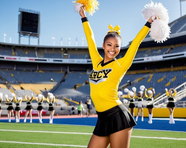Cheerleader in Yellow Top with Pom-Poms in Stadium