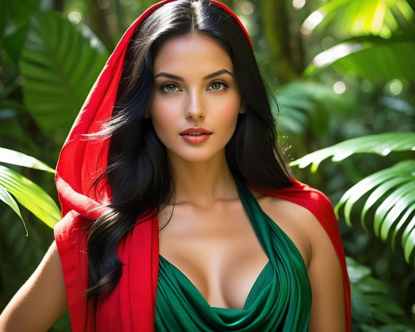 Young Woman in Jungle with Green Outfit and Red Scarf