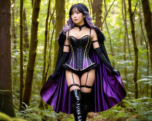Figure in a Forest with Elegant Costume and Greenery