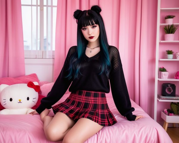 Cozy Room with Girl in Black Sweater and Plaid Skirt