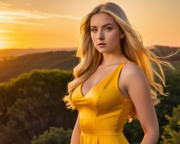 Young Woman in Yellow Dress Against Sunset Landscape