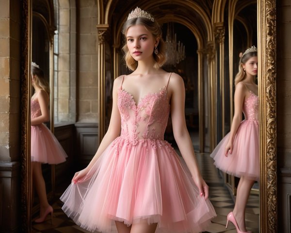Young Woman in Pink Dress in Elegant Room Setting