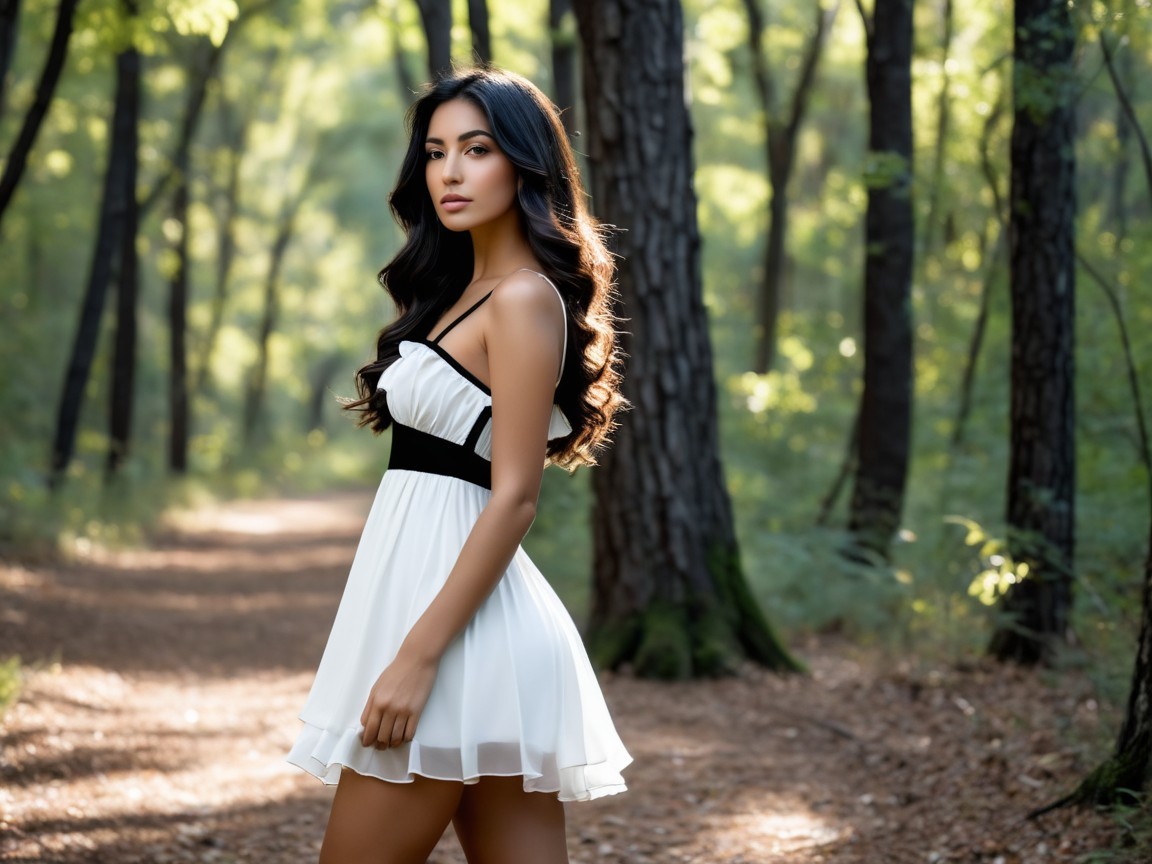 Young woman in white dress in sunlit forest setting