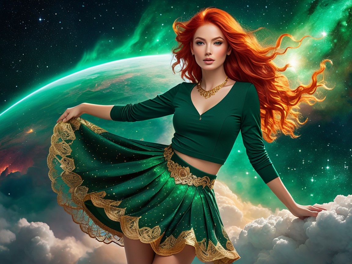 Woman with Red Hair in Cosmic Fantasy Scene