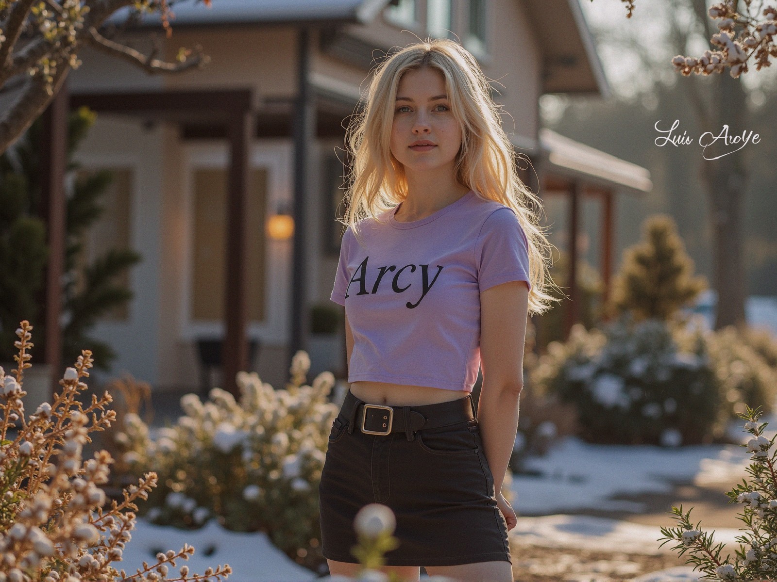 Young woman in purple top and black skirt outdoors