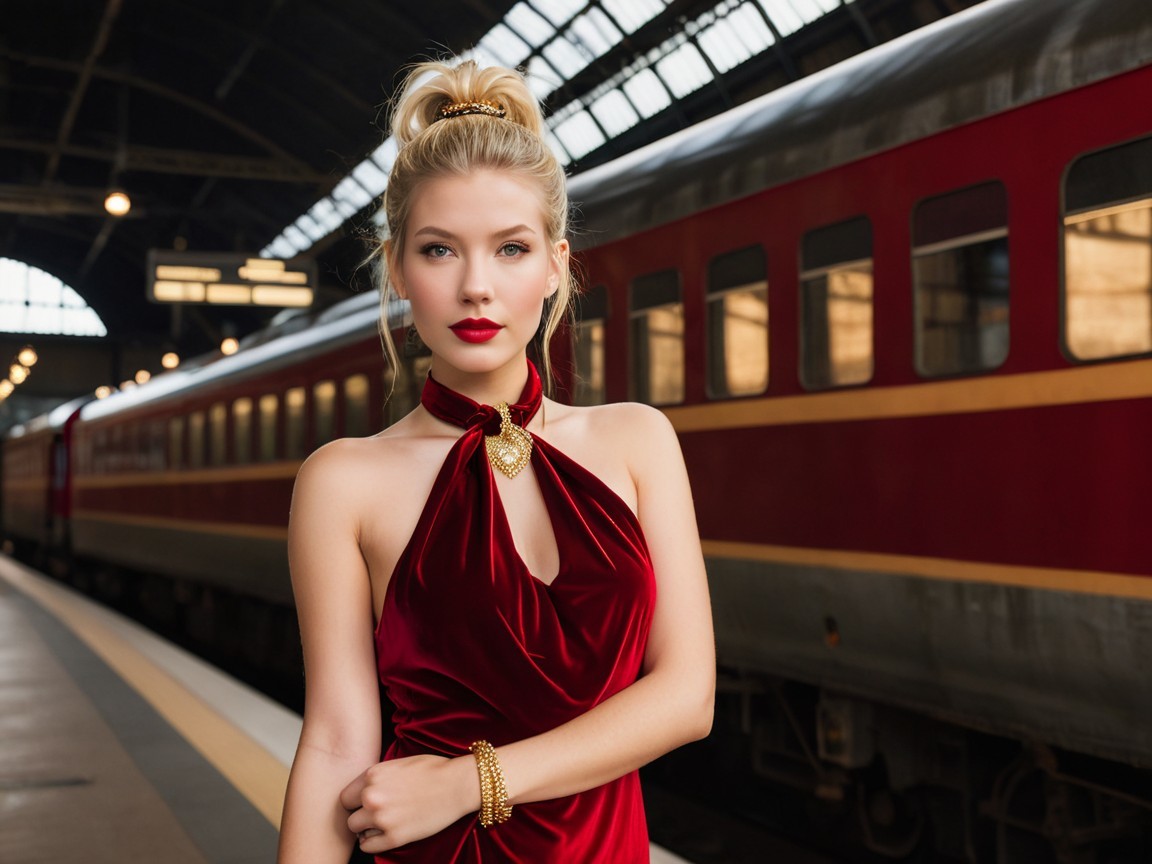Elegant Woman in Red Velvet Dress at Train Station