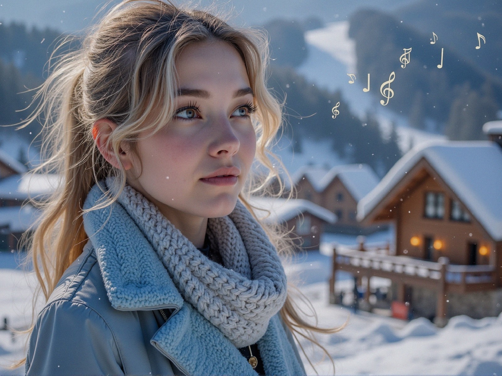 Young woman in snowy landscape with wooden cabins