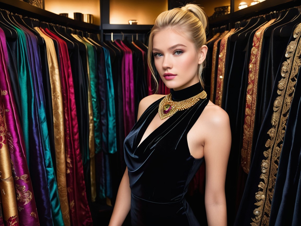 Stylish Woman in Vibrant Closet with Rich Fabrics