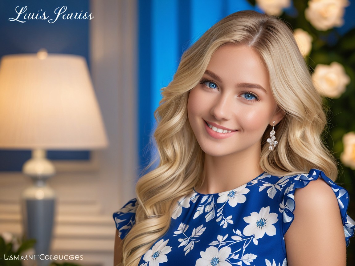 Woman in Blue Floral Dress with Long Blonde Hair